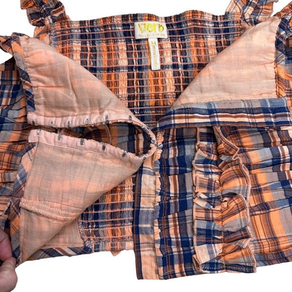 Verb by Pallavi Singhee x Anthropologie Ruffled Plaid Top Smocked Orange Medium - Picture 6 of 15